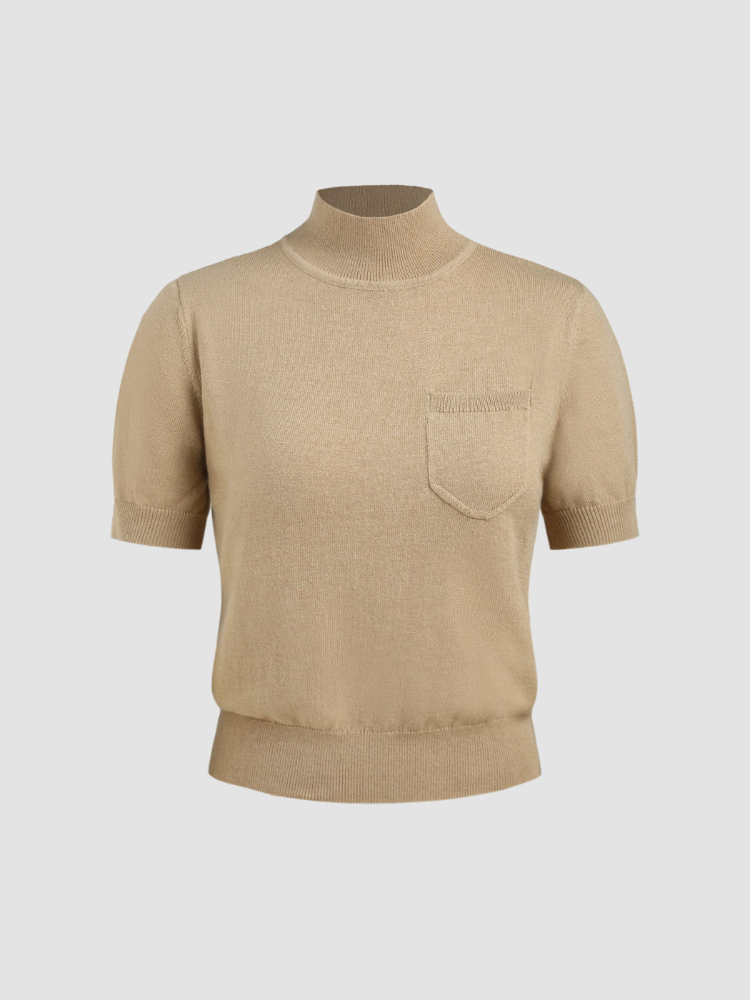 Solid Knit High Neck Pocket Short Sleeve Top