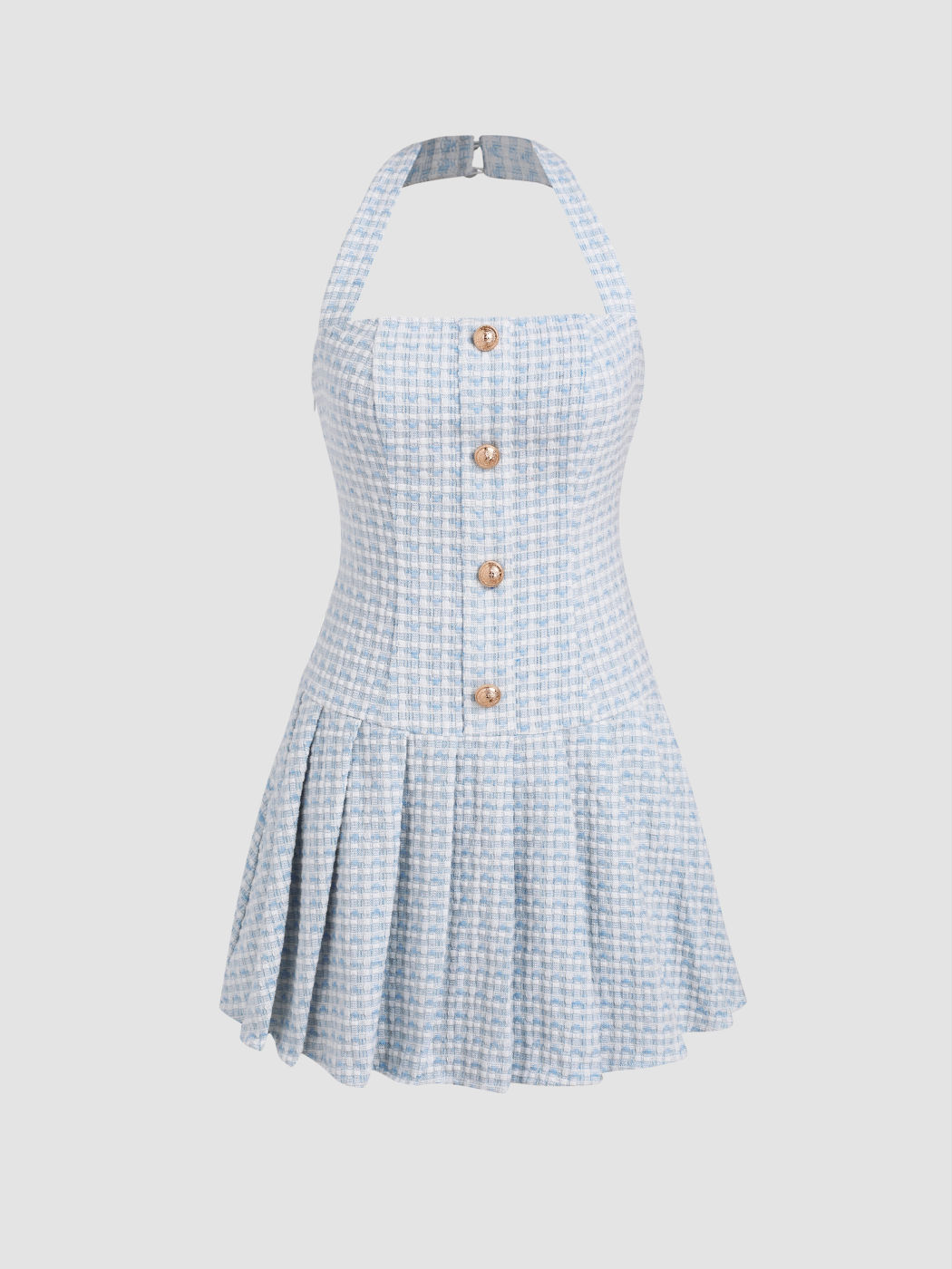  Tweed Neckholder Gefaltete Minikleid