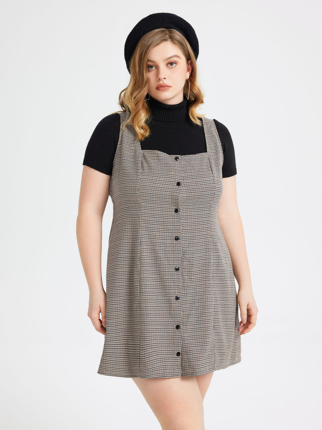 Hahnentritt-Karree-Ausschnitt-Knopf-Minikleid Kurve & Plus
