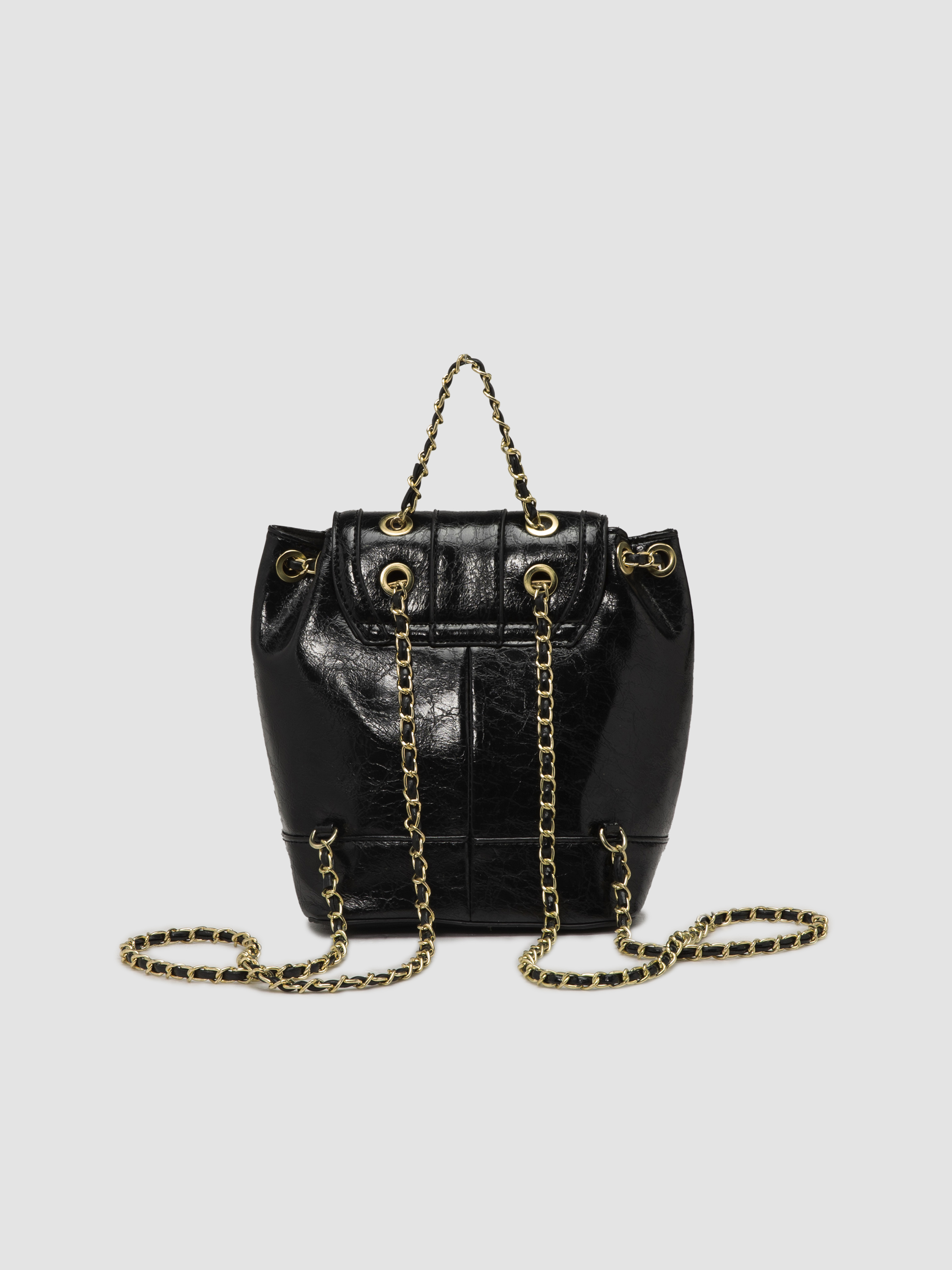 Woven Faux Leather Buckled Drawstring Chain Backpack Woven Faux Leather Buckled Drawstring Chain Backpack