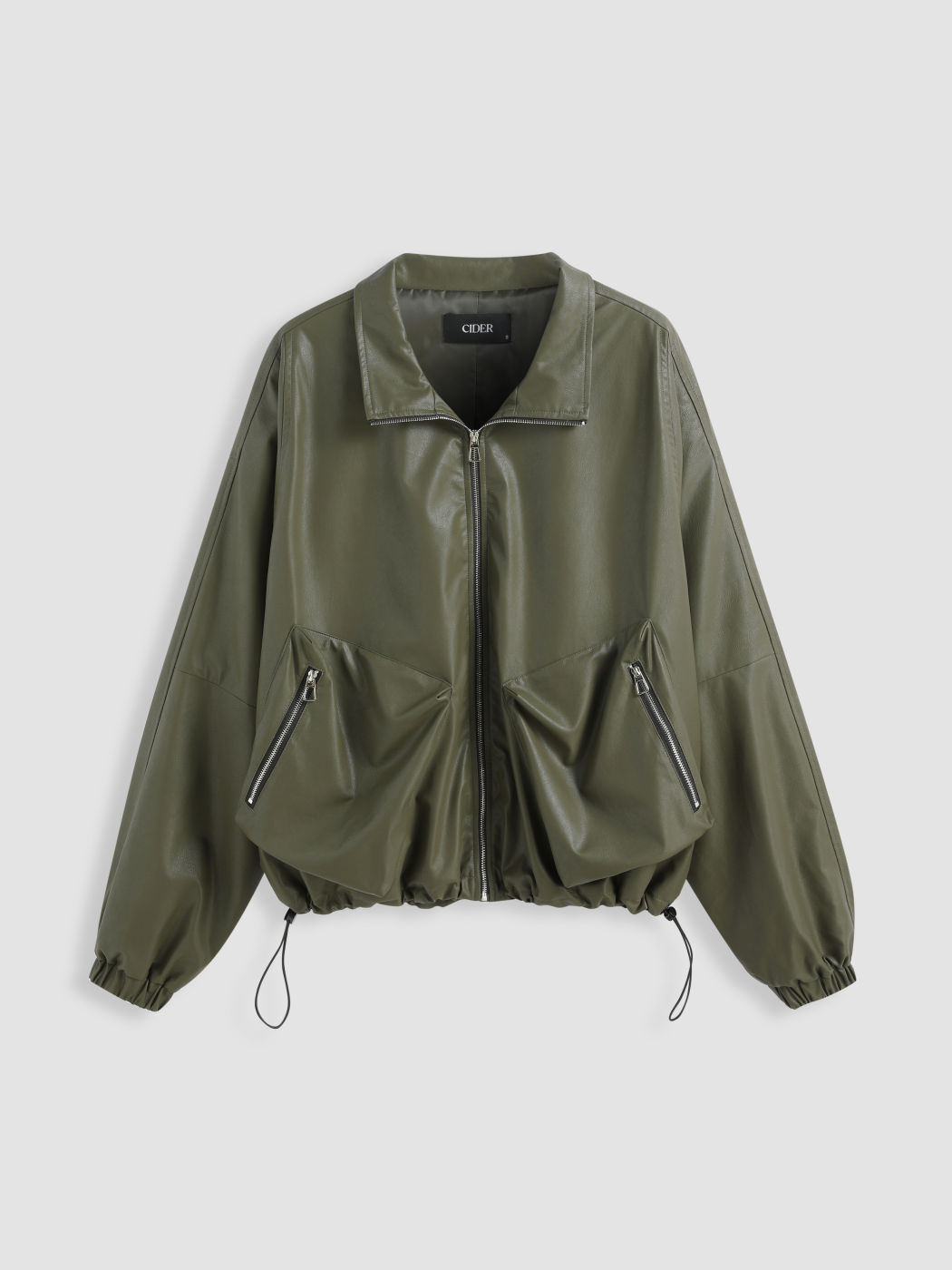 Faux Leather Collar Zipper Pocket Jacket