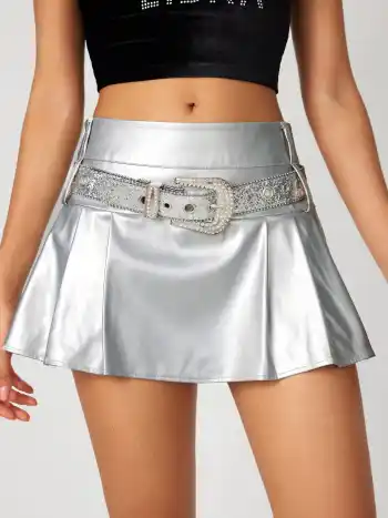  Metallic Mittlere Taille Gefalteter Minirock