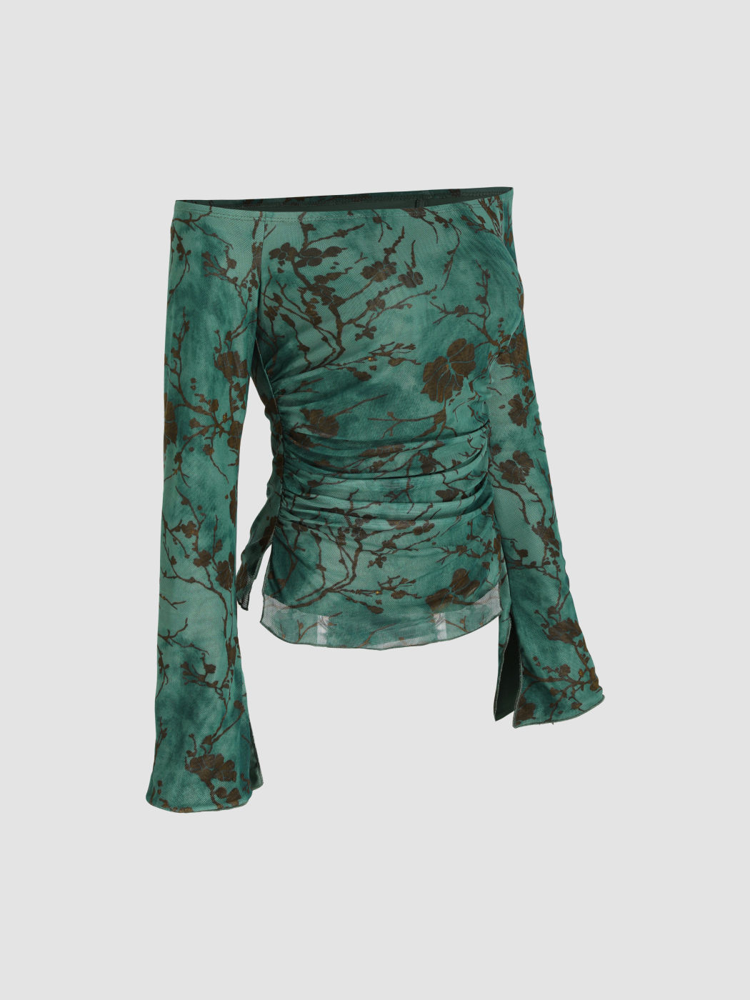 Mesh Offshoulder Floral Ruched Long Sleeve Top For Date Holiday