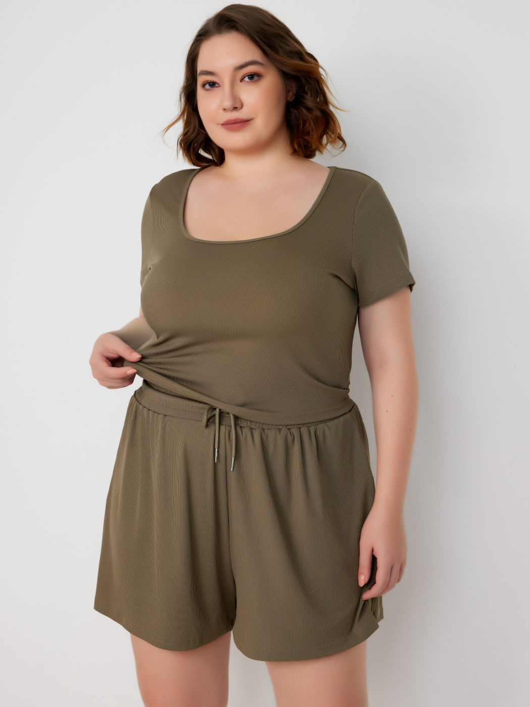 Rippen U-Ausschnitt Kurzarm Crop Top & Schnürung Weite Bein Shorts Kurve & Plus