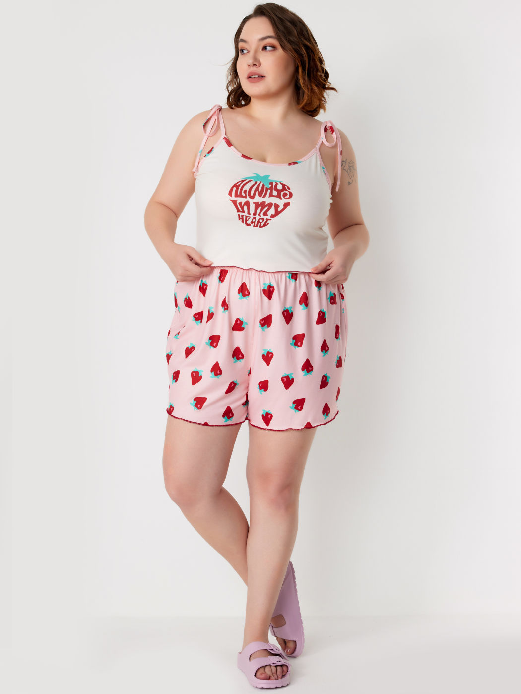 U-Halslinie Erdbeergrafik Cami-Top & Hochbund Shorts Lounge-Set Kurve & Plus