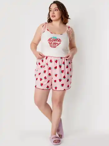U-neckline Strawberry Graphic Cami Top & High Waist Shorts Lounge Set Curve & Plus