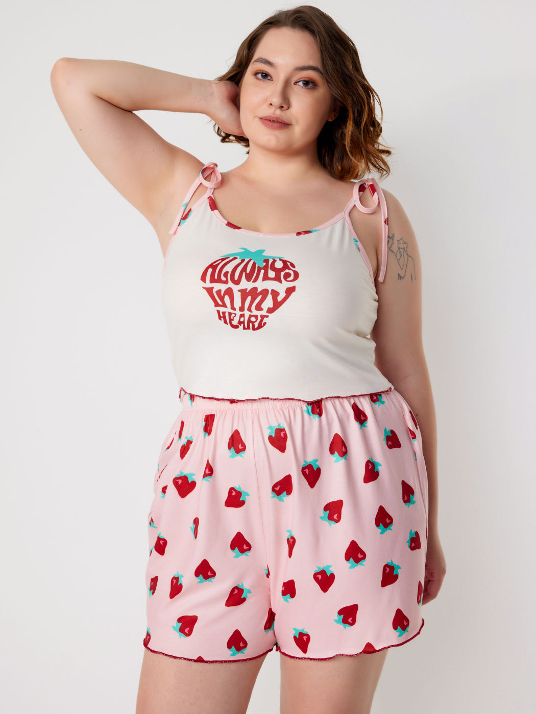 U-Halslinie Erdbeergrafik Cami-Top & Hochbund Shorts Lounge-Set Kurve & Plus