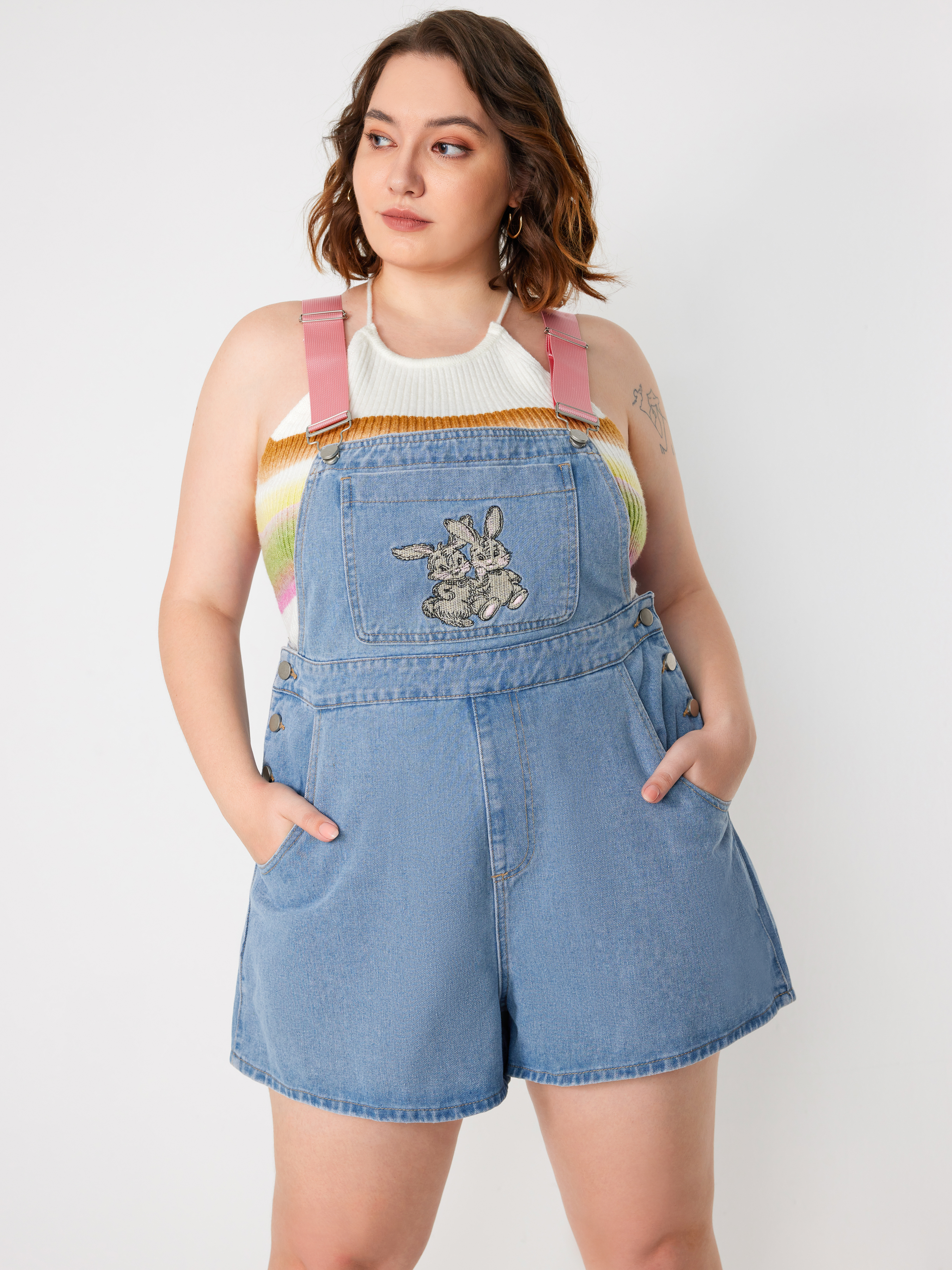 Denim Bunny Buckle Pocket Romper Curve & Plus - Cider