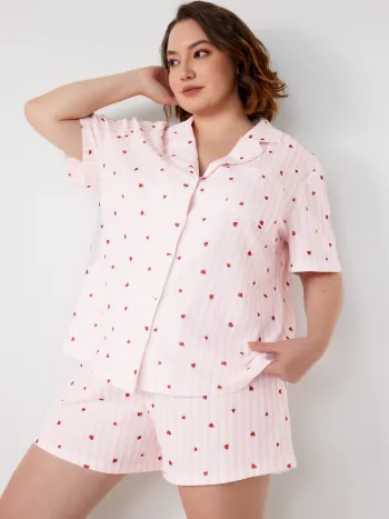 Gestreiftes Erdbeer-Kurzarm-Top & Mid Waist Shorts Lounge Set Kurve & Plus