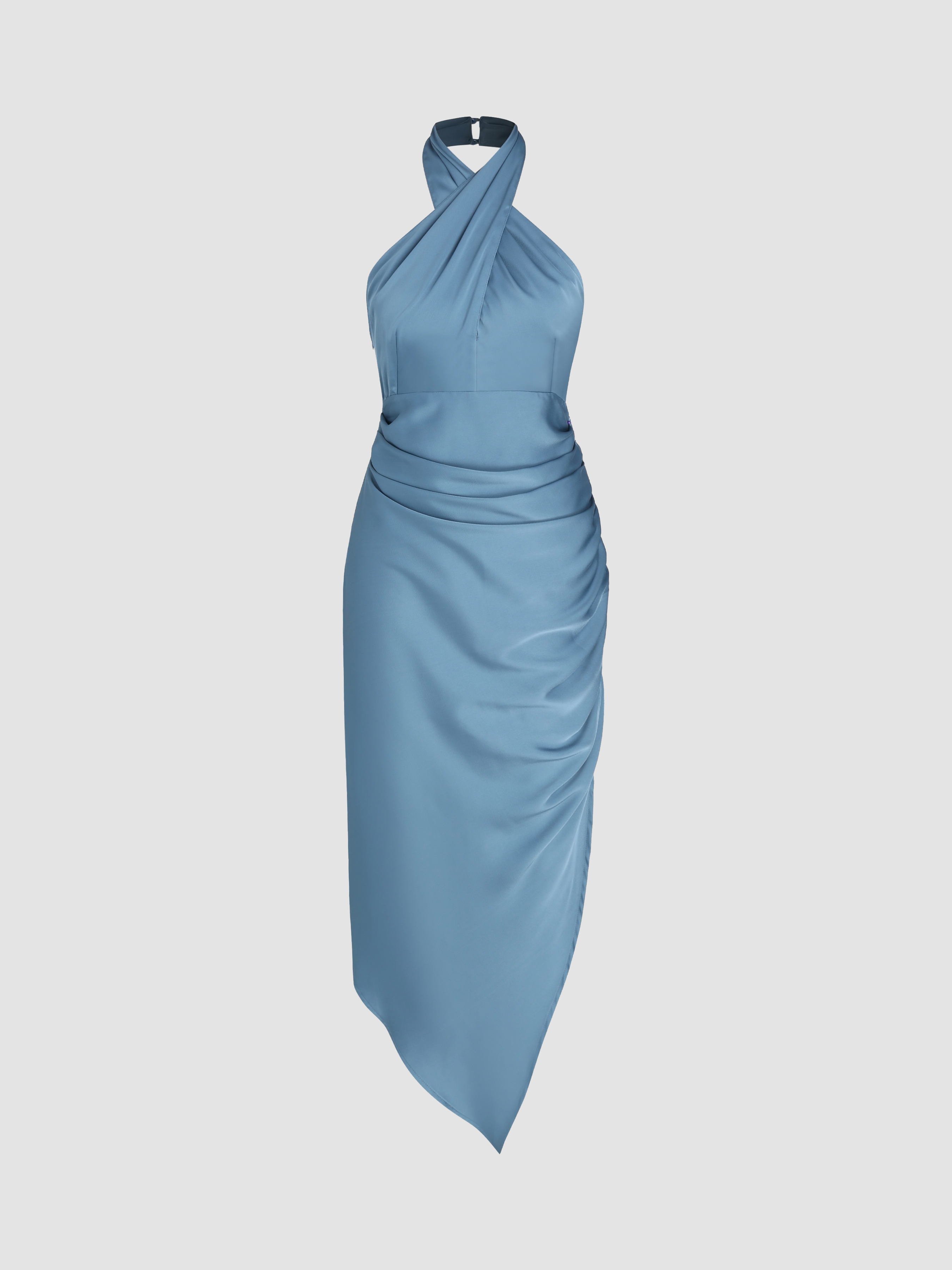 Solid Satin Halter Asymmetrical Split Ruched Maxi Dress For Date