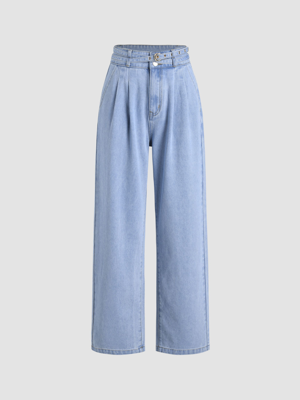  Jeanskleid mit hoher Taille, Falten und weitem Bein mit Gürtel