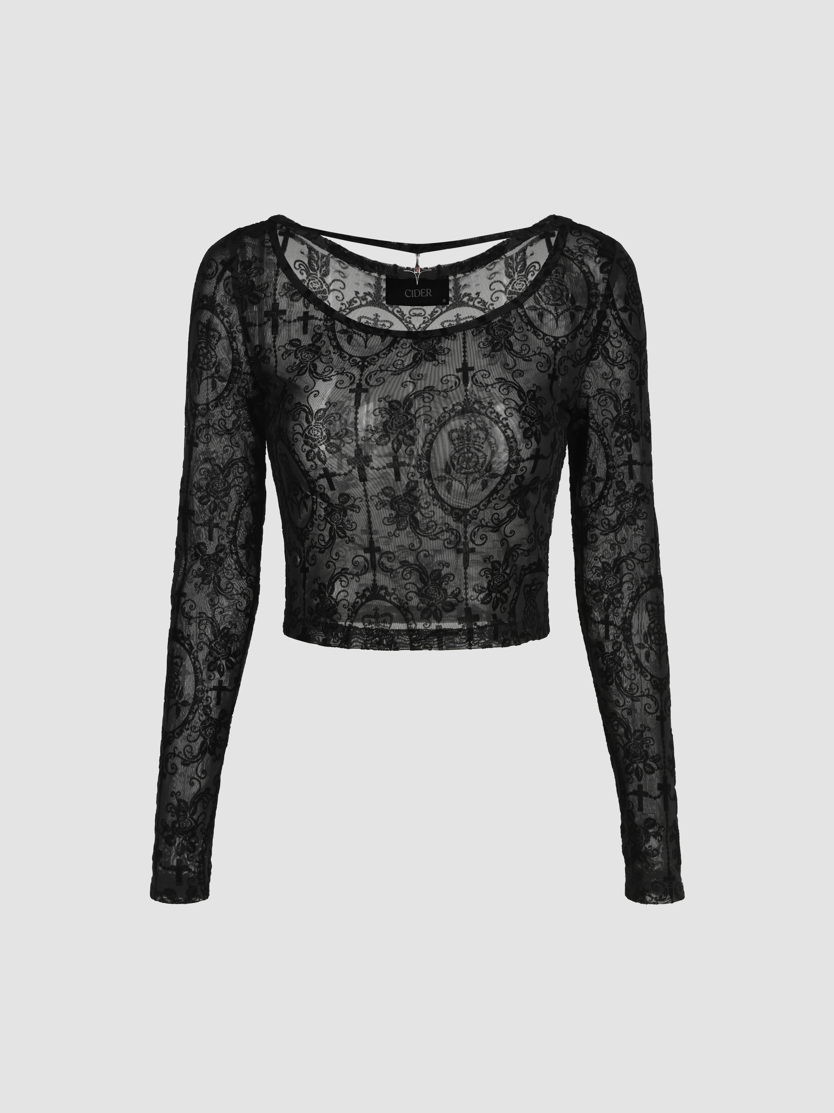 Jacquard Round Neckline Floral Lace Long Sleeve Top - Cider