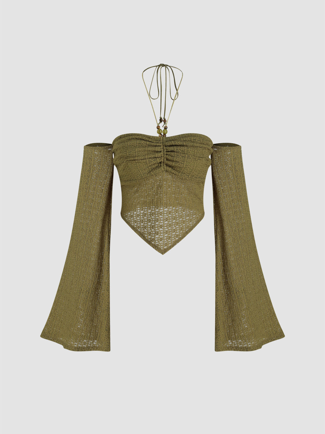 Knit Fabric Offshoulder Halter Floral Bell Sleeve Top For Vacation Holiday