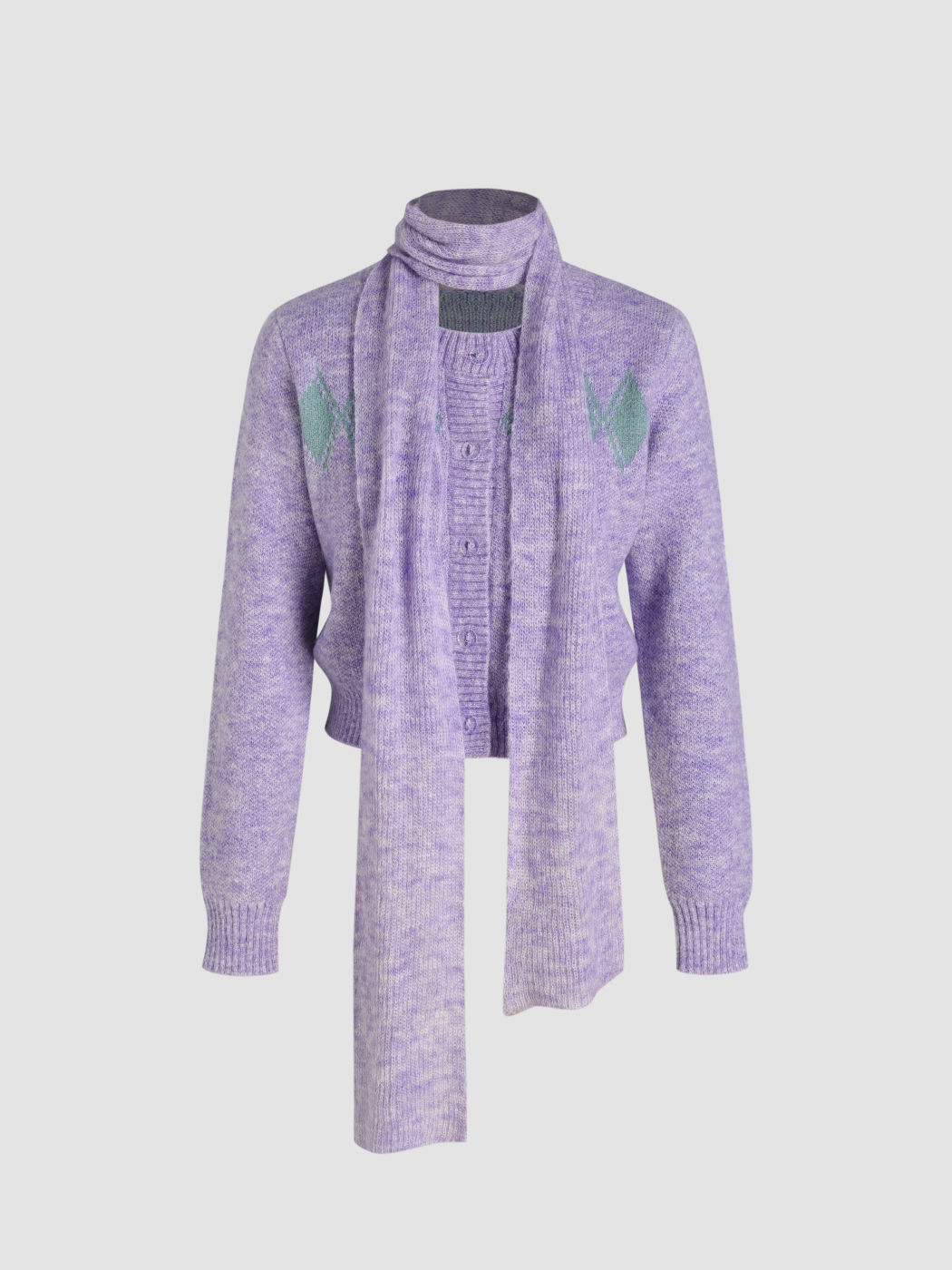  Rundhalsausschnitt Geometrischer Knopf Strickjacke mit Schal
