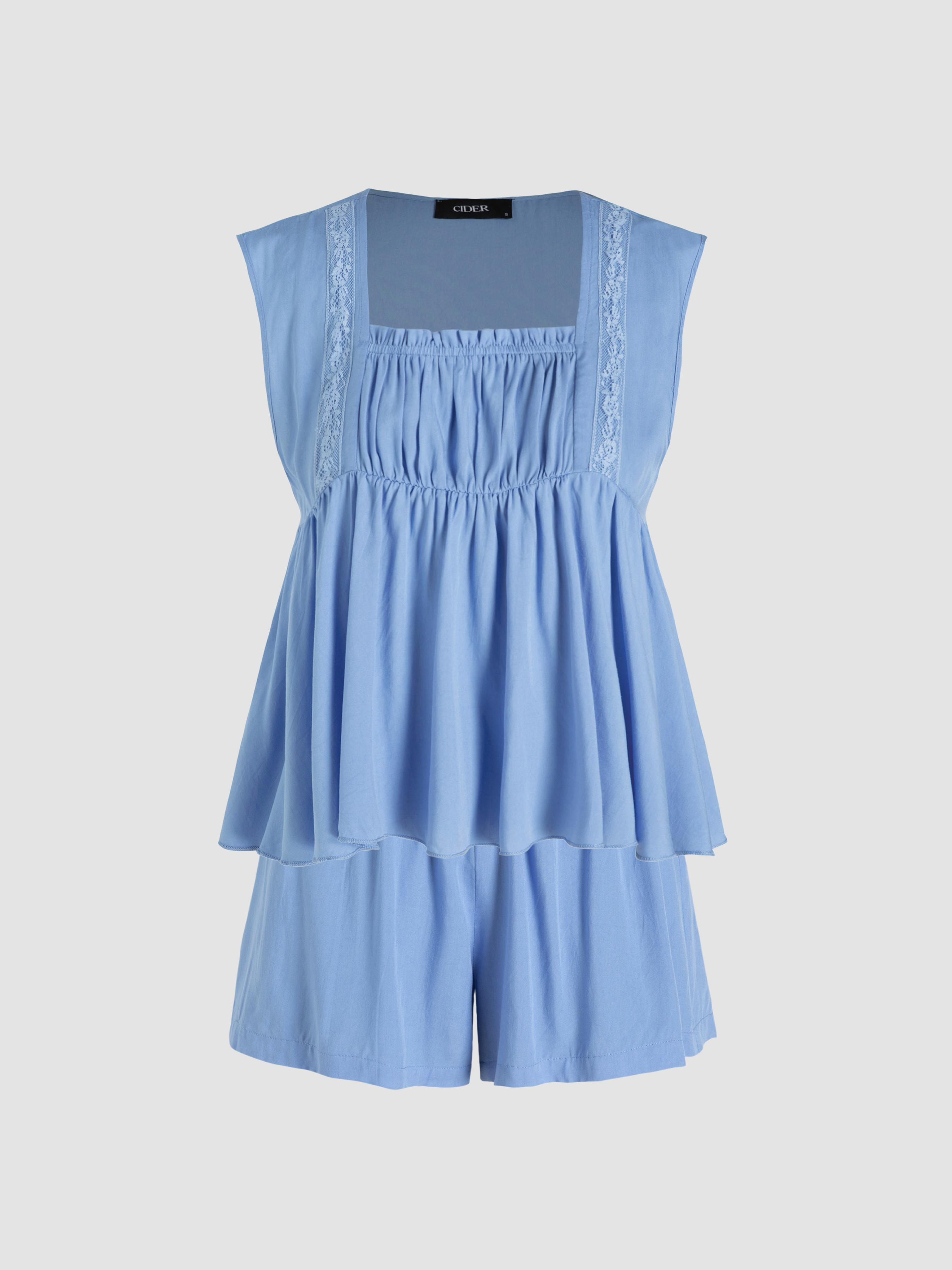 Solid Square Neck Lace Ruffle Tank Top & Shorts Matching Set Cider