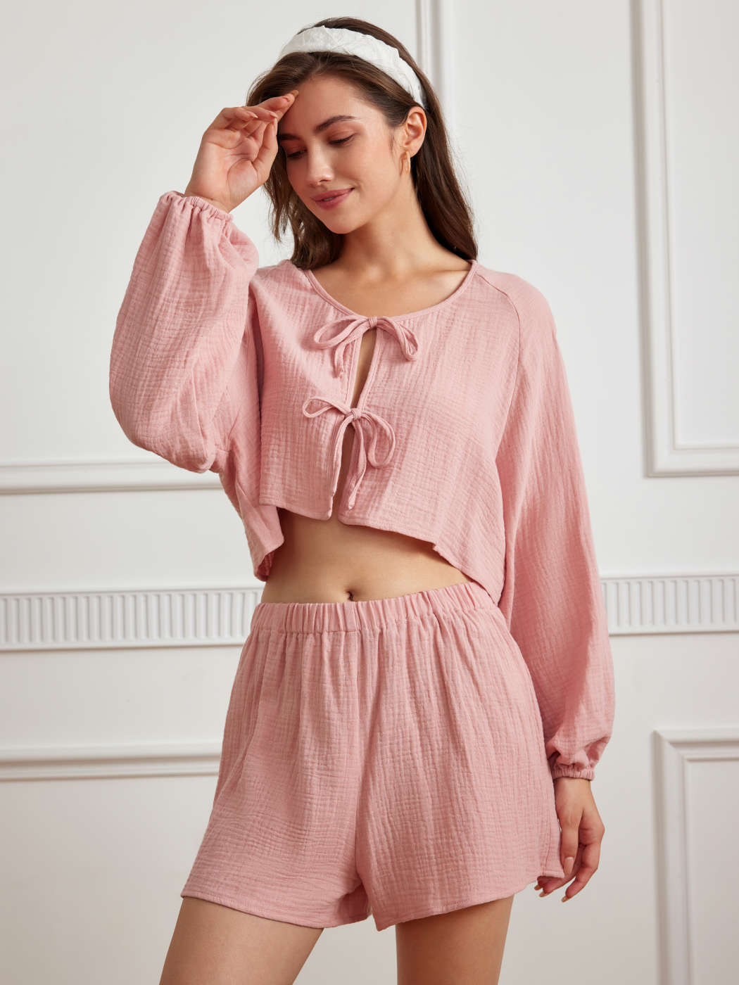 Solid Round Neckline Bowknot Long Sleeve Crop Top High Waist