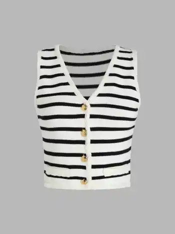 Knit V-neck Striped Button Crop Vest