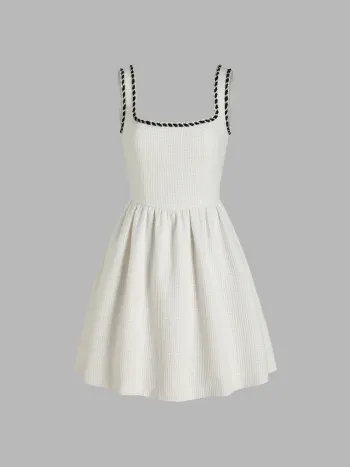 Tweed U-neckline Solid Mini Dress