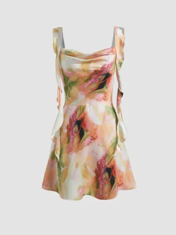 Satin Ruched Ruffle Hem Mini Dress