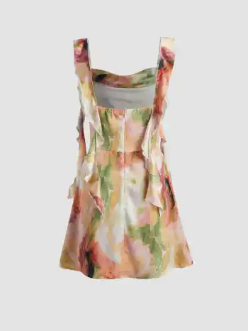 Satin Ruched Ruffle Hem Mini Dress