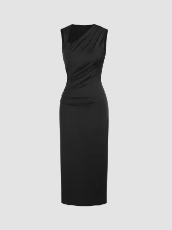  Asymmetrischer Hals Solid Gerafftes Maxikleid