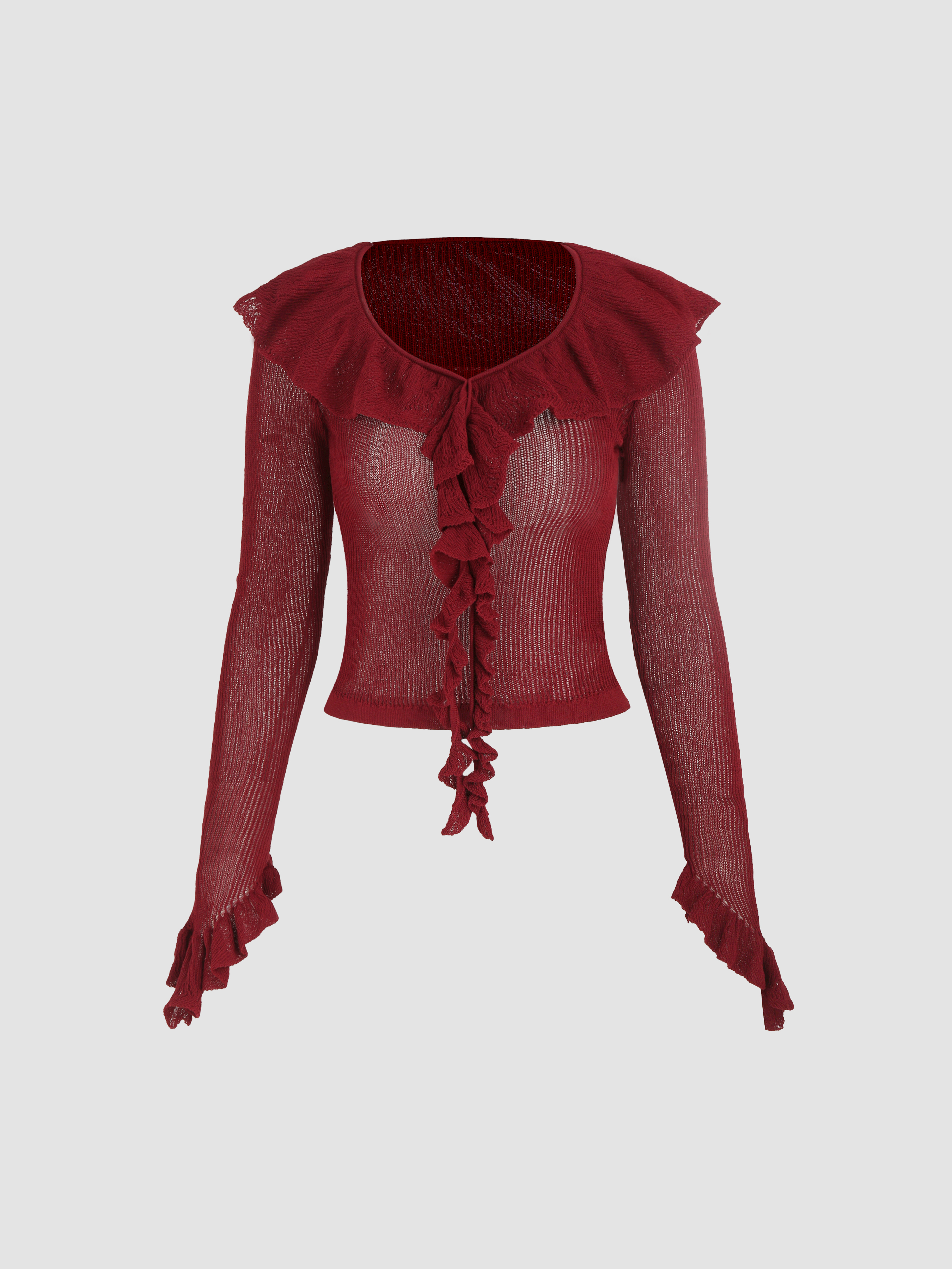 Knit Fabric Knit Round Neckline Solid Ruffle Trim Long