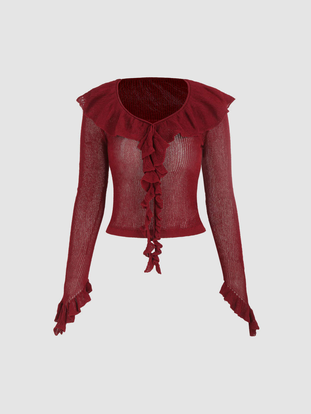 Knit Fabric Knit Round Neckline Solid Ruffle Trim Long Sleeve Top