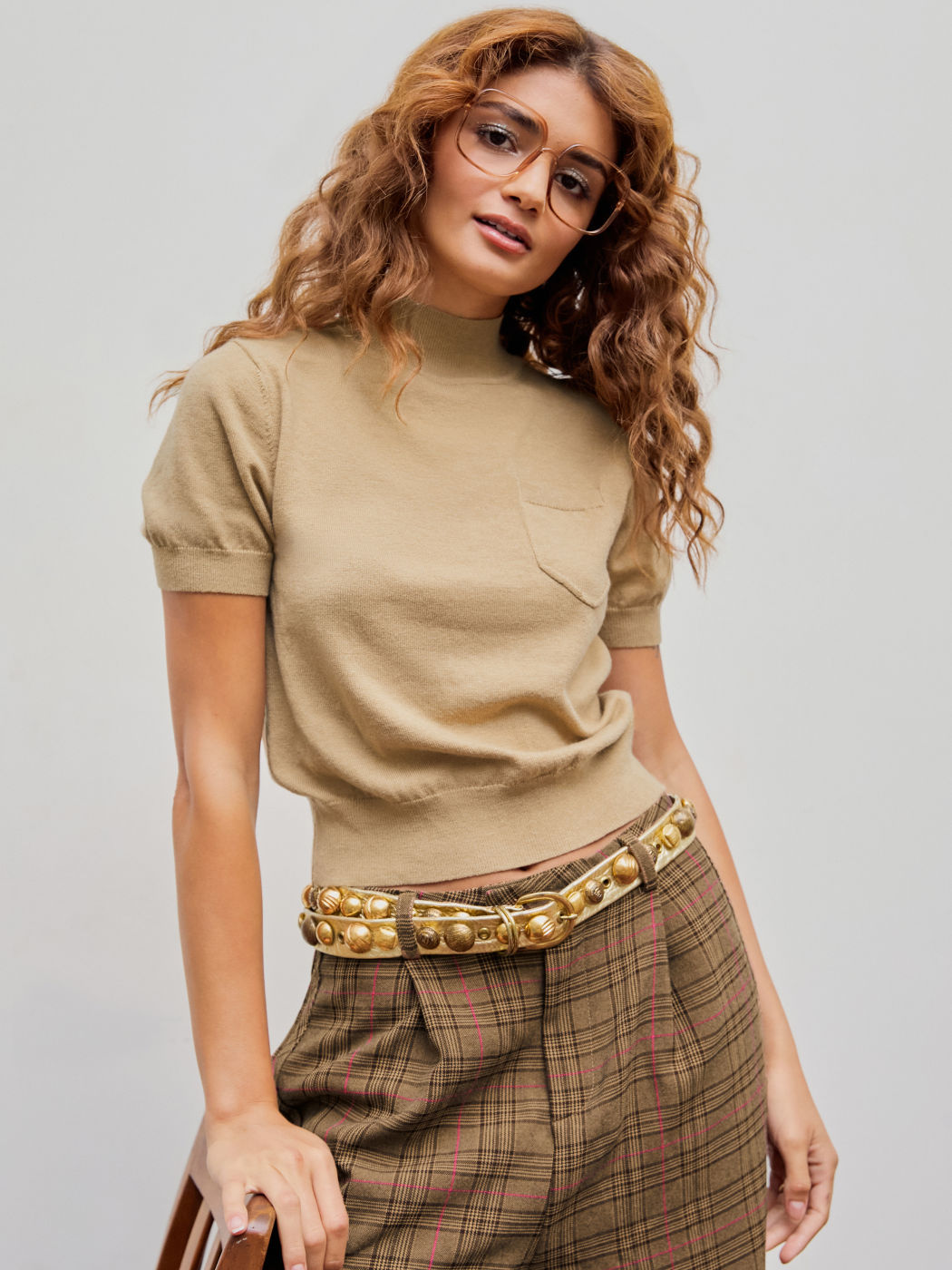 Solid Knit High Neck Pocket Short Sleeve Top