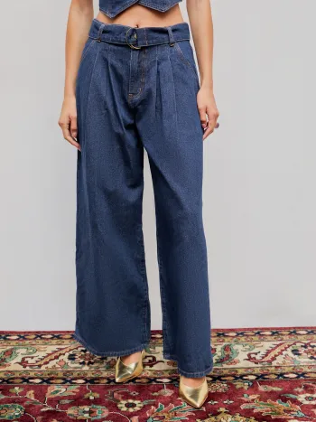 Denim Middle Waist Pocket Wide Leg Jeans