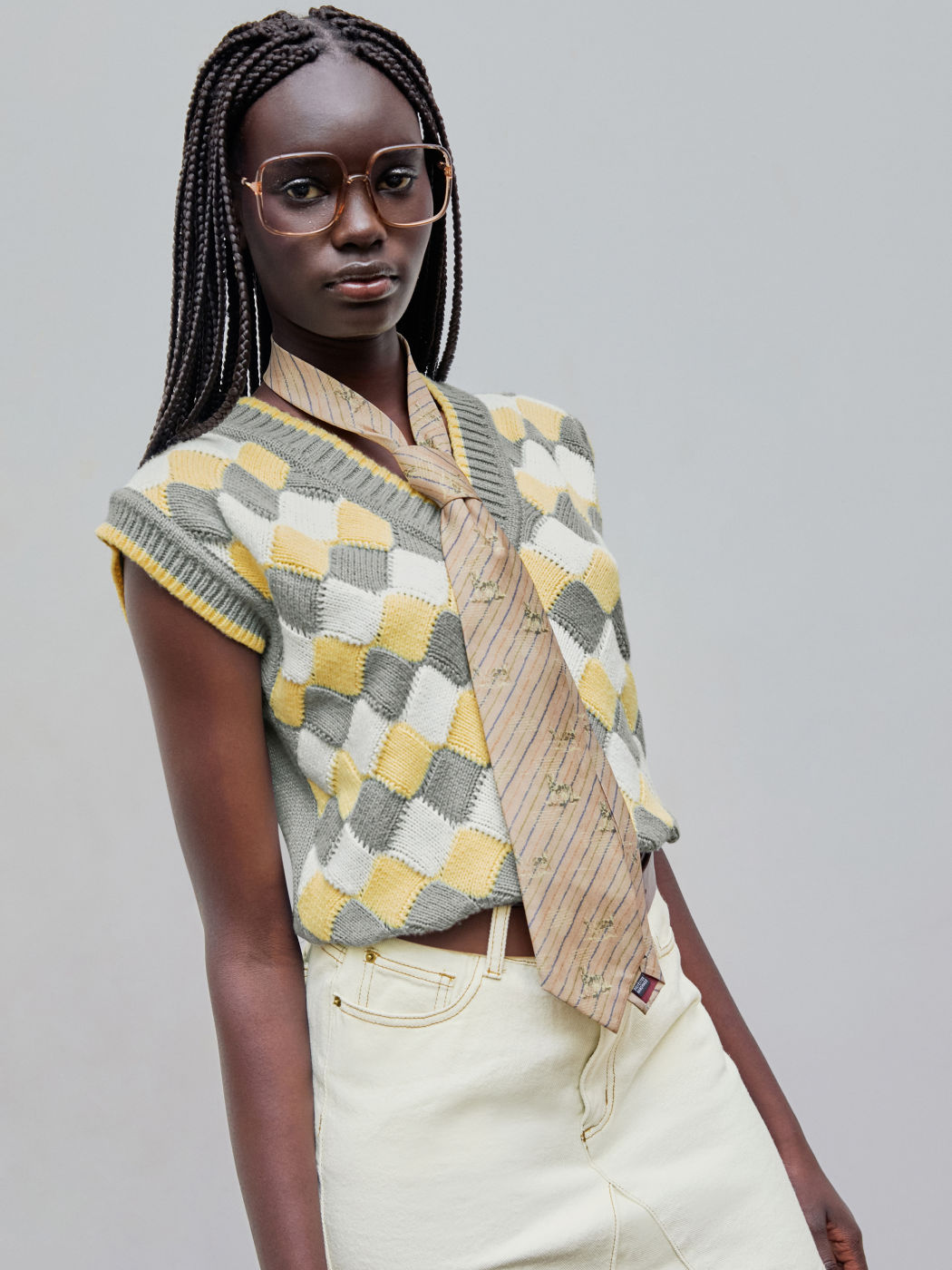 Knit V-neck Check Contrasting Binding Vest