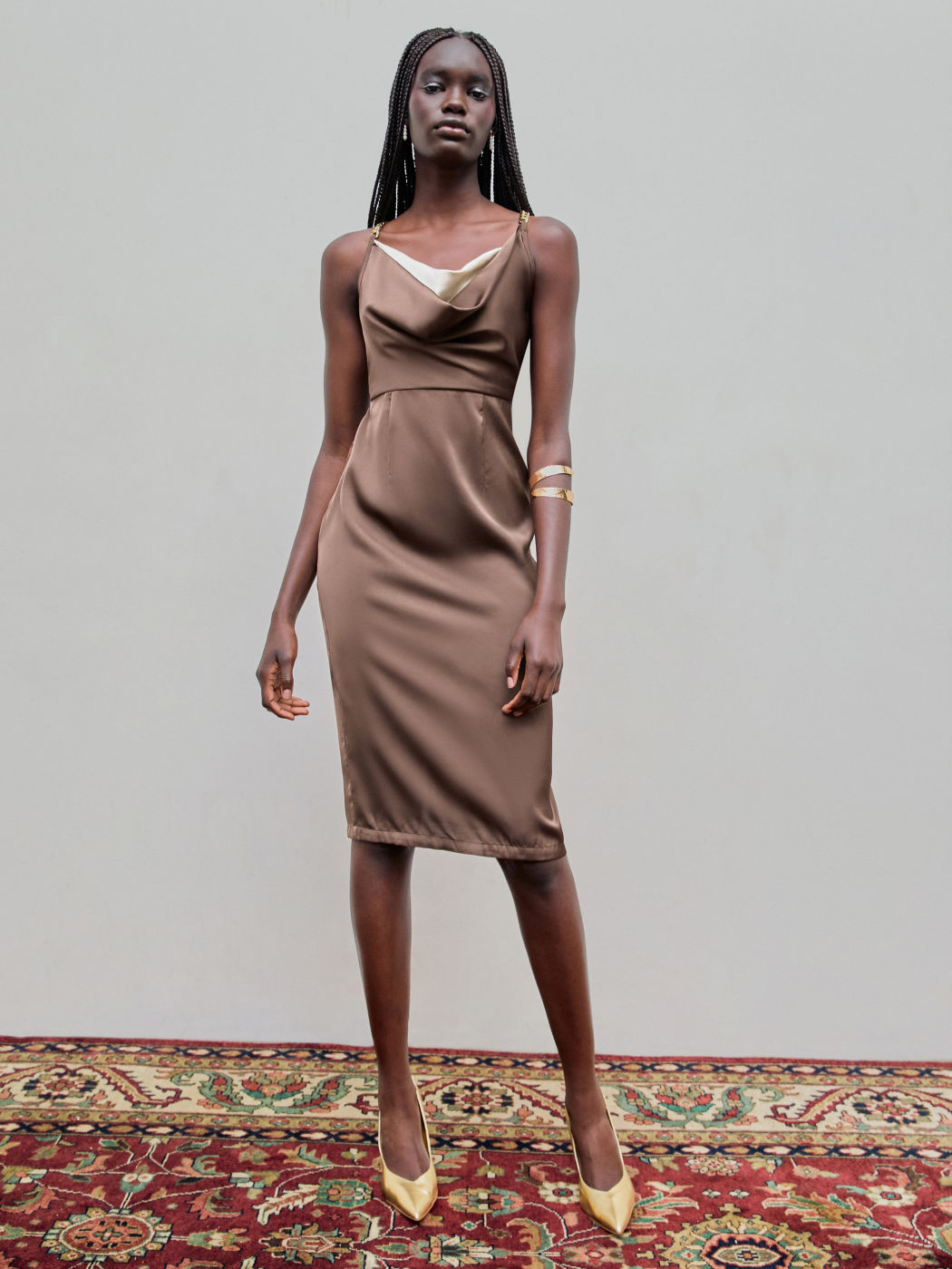 COWL NECK SATIN SPLIT THIGH MIDI DRESS IN ORCHID