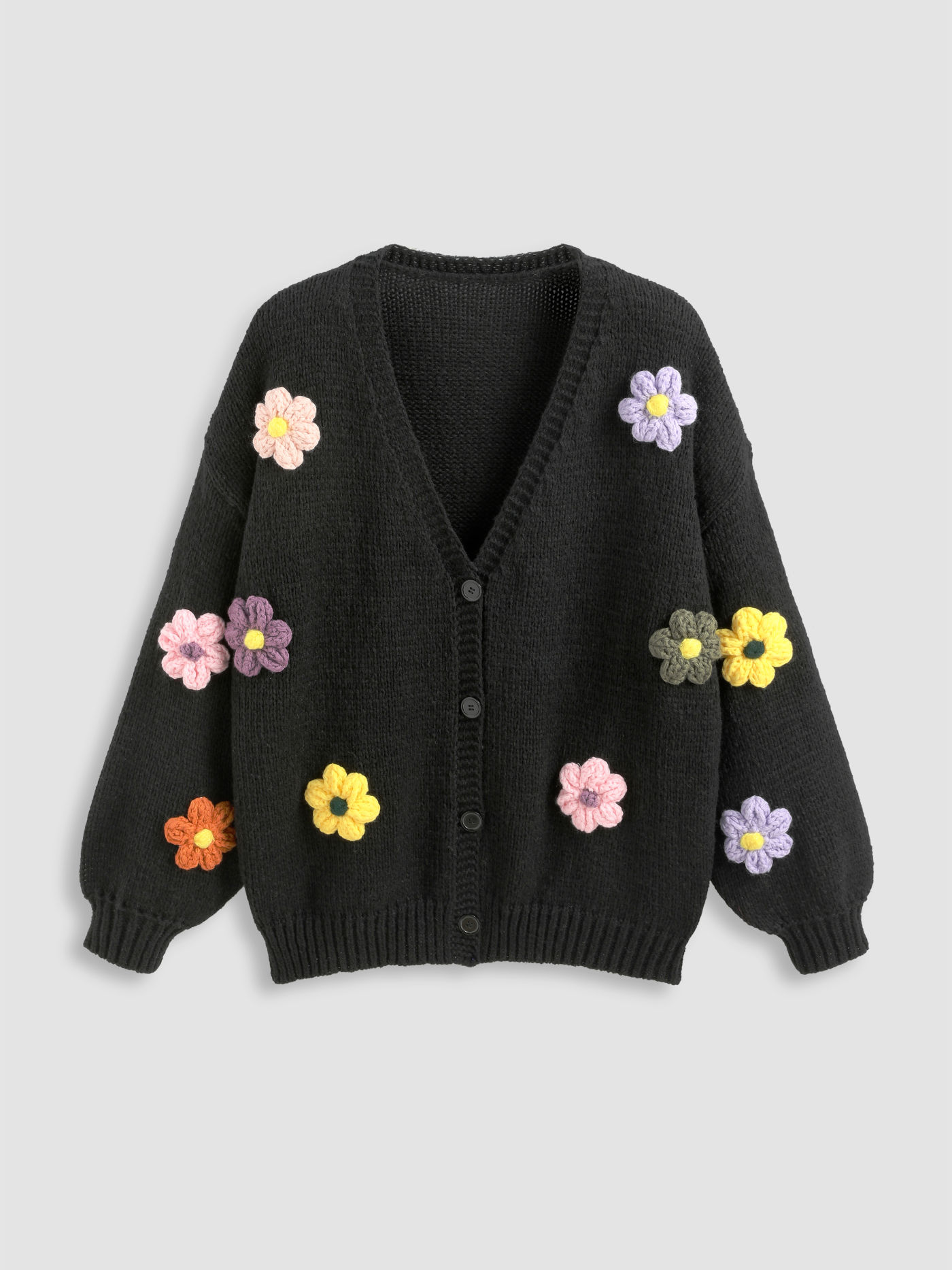 V-Ausschnitt 3D-Blumen Strickjacke Kurve & Plus