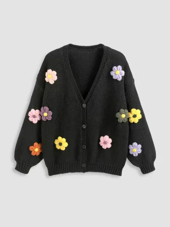 V-Ausschnitt 3D-Blumen Strickjacke Kurve & Plus