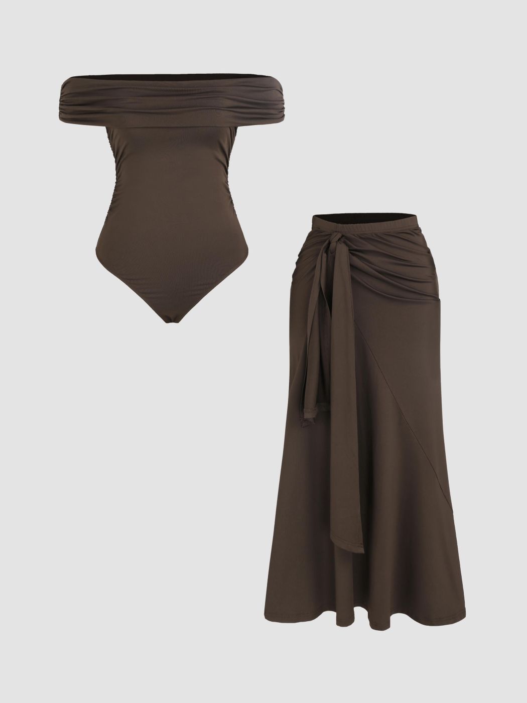 Off-shoulder Ruched Bodysuit & Twist Midi Skirt Set