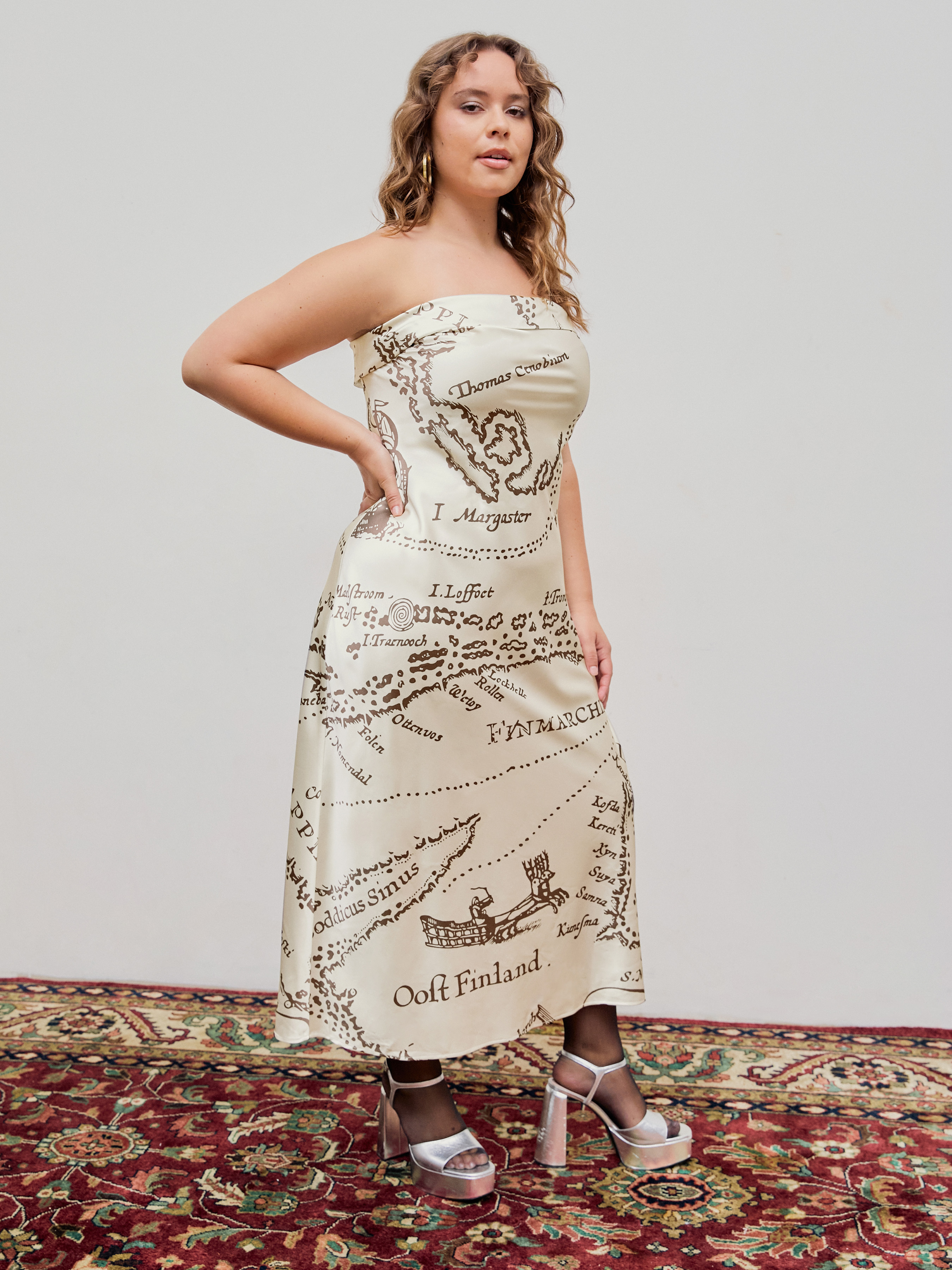 Cider Curve & Plus Satin Tube All Over Print Maxi Dress for Date Vacation,3XL/Beige