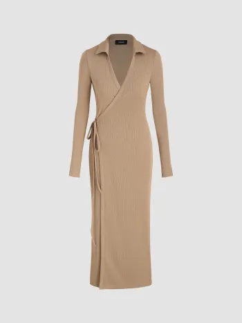 V-neck Solid Midi Dress