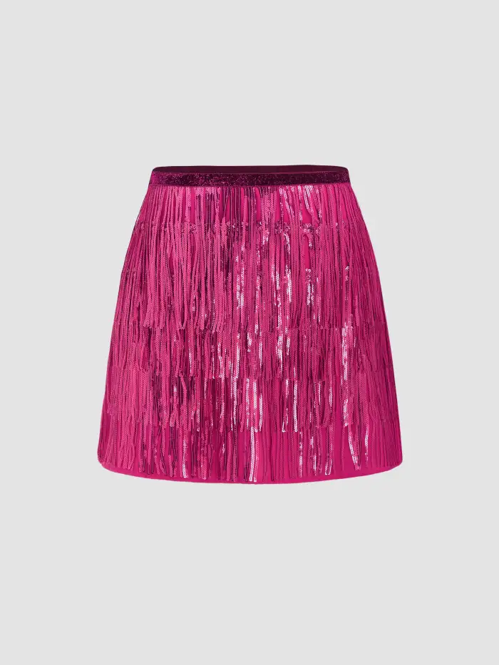 Sequin Middle Waist Solid Tassel Mini Skirt For Party/Clubbing - Main Image