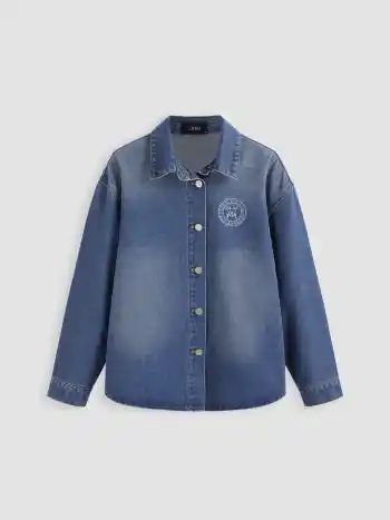 Denim Collar Graphic Button Blouse