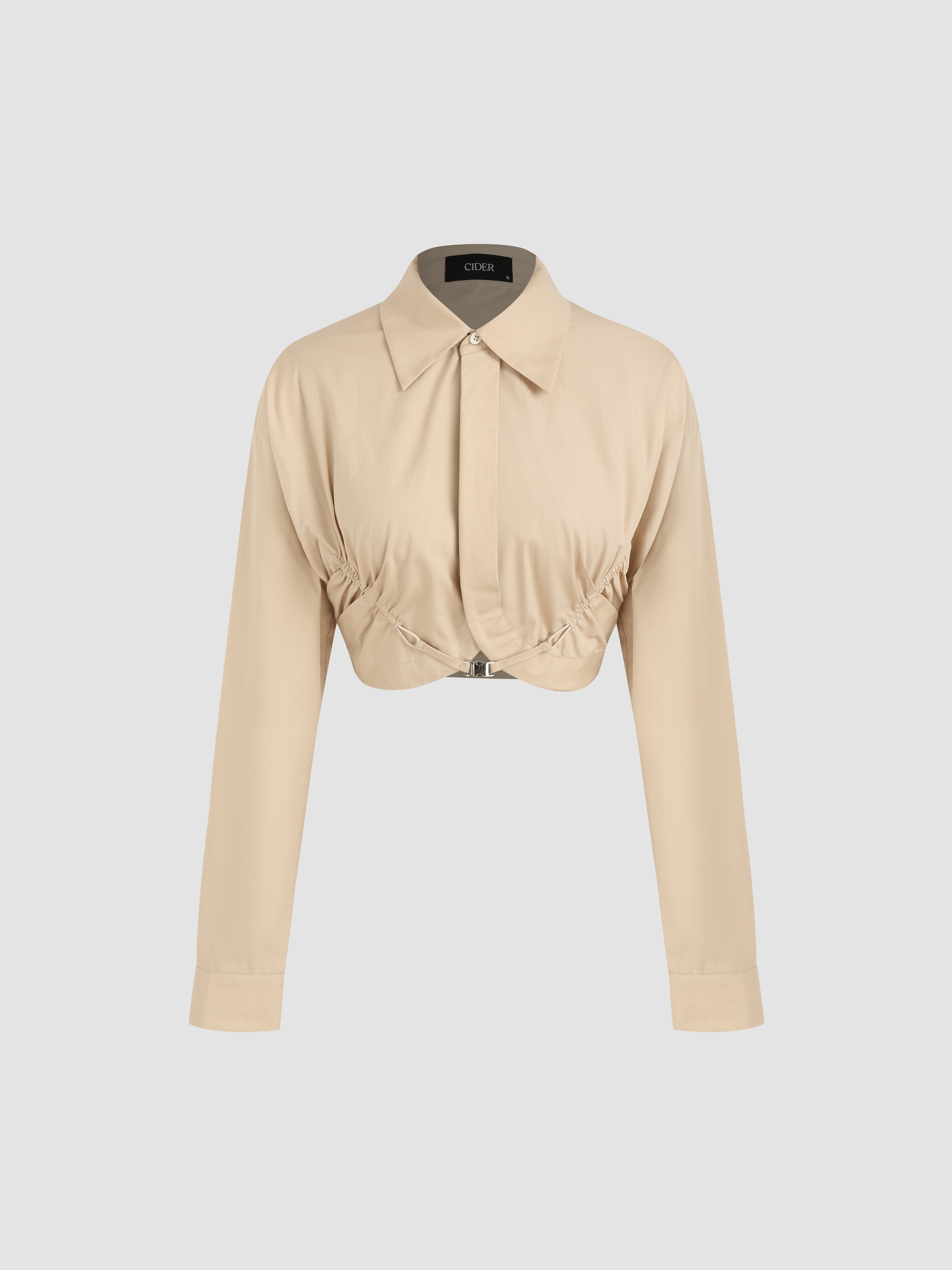 Woven Collar Drawstring Long Sleeve Crop Blouse For Daily Casual