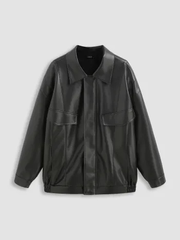 Reißverschluss-Fake-Leder-Utility-Jacke