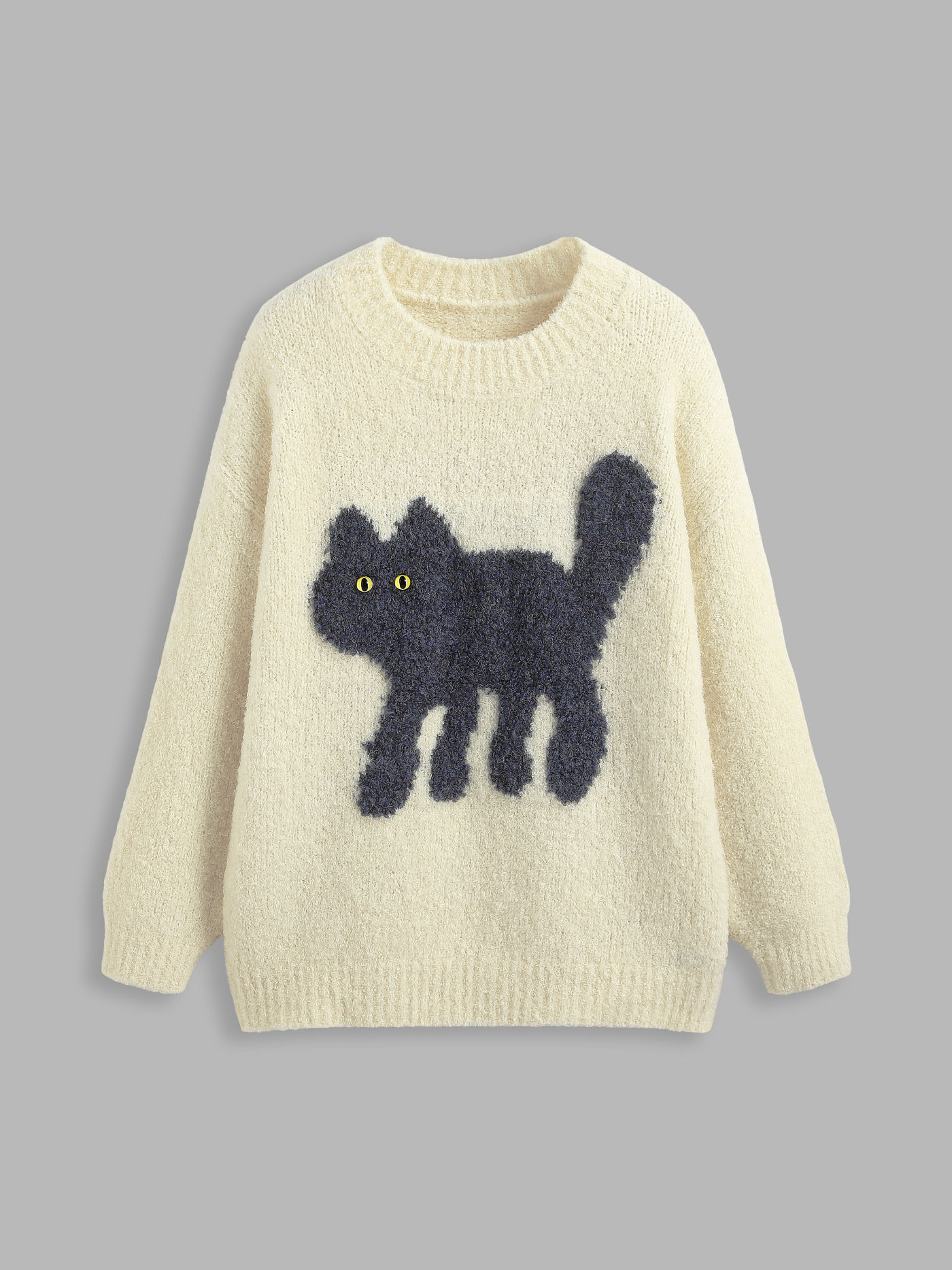 Wool-blend Round Neckline Cat Knitted Long Sleeve Sweater