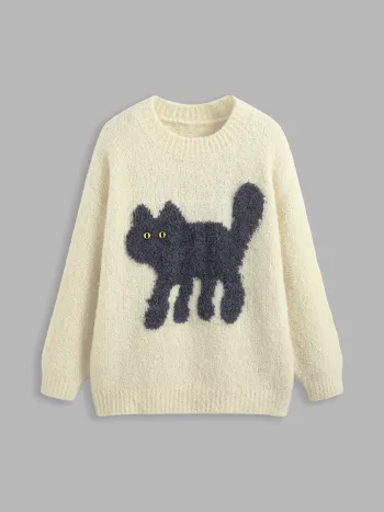 Wollmischung Rundhals Katzen Strickpullover