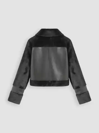 Faux Shearling & Lederkragen Patch Cropped Jacke