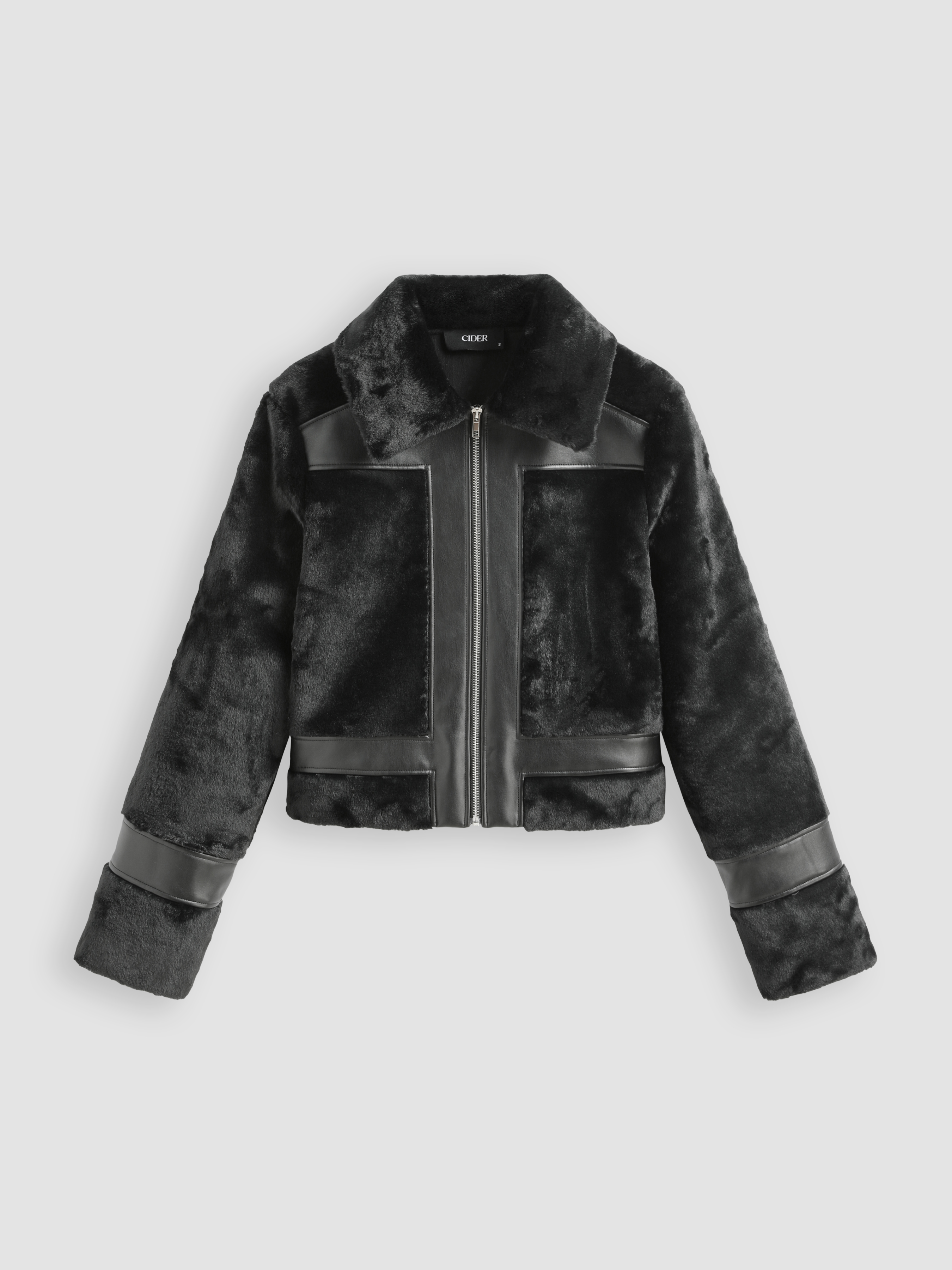 Faux Shearling Faux Leather Collar Solid Patched Jacket