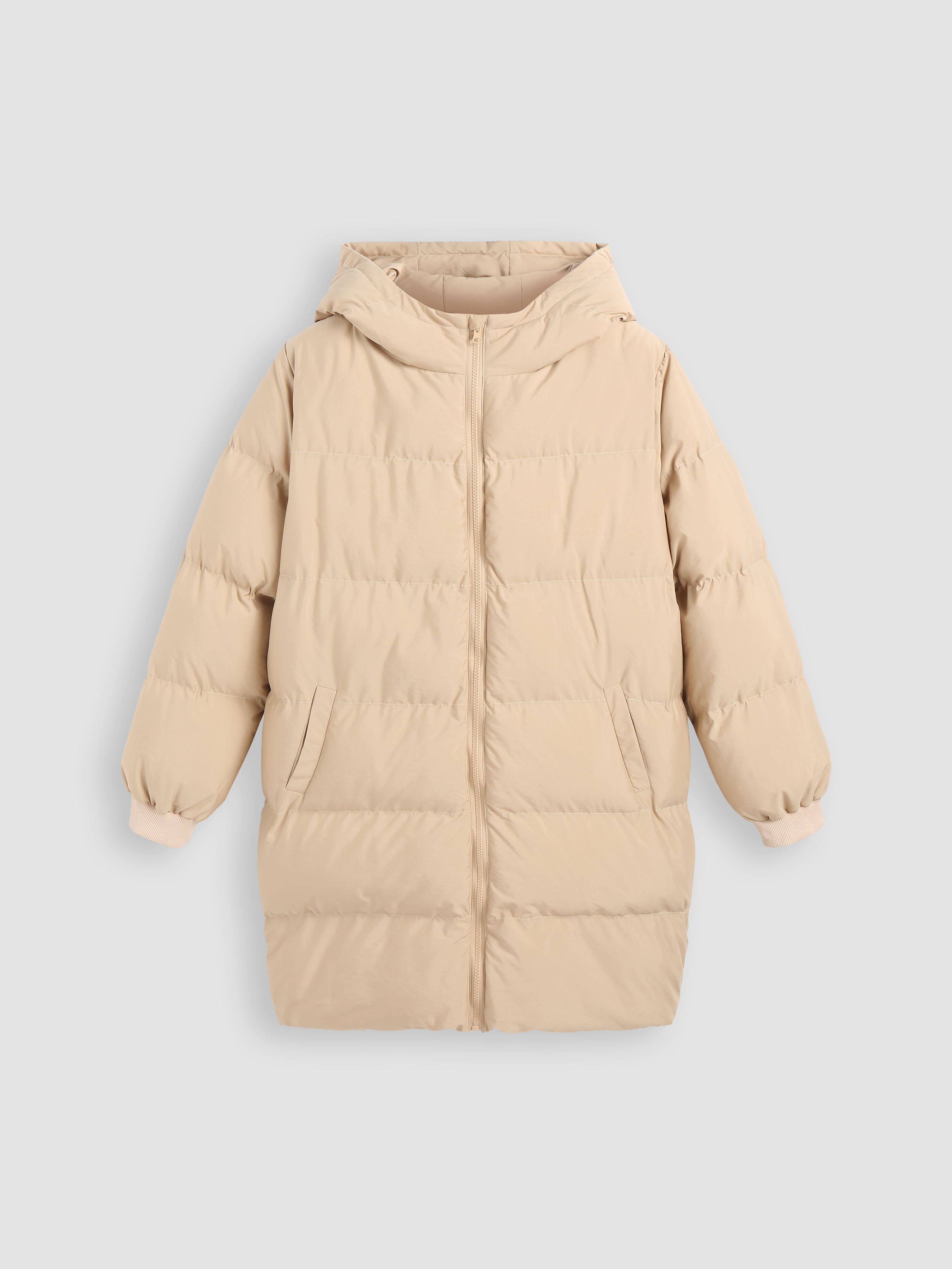 Woven Zip Front Hooded Puffer Coat For Daily Casual