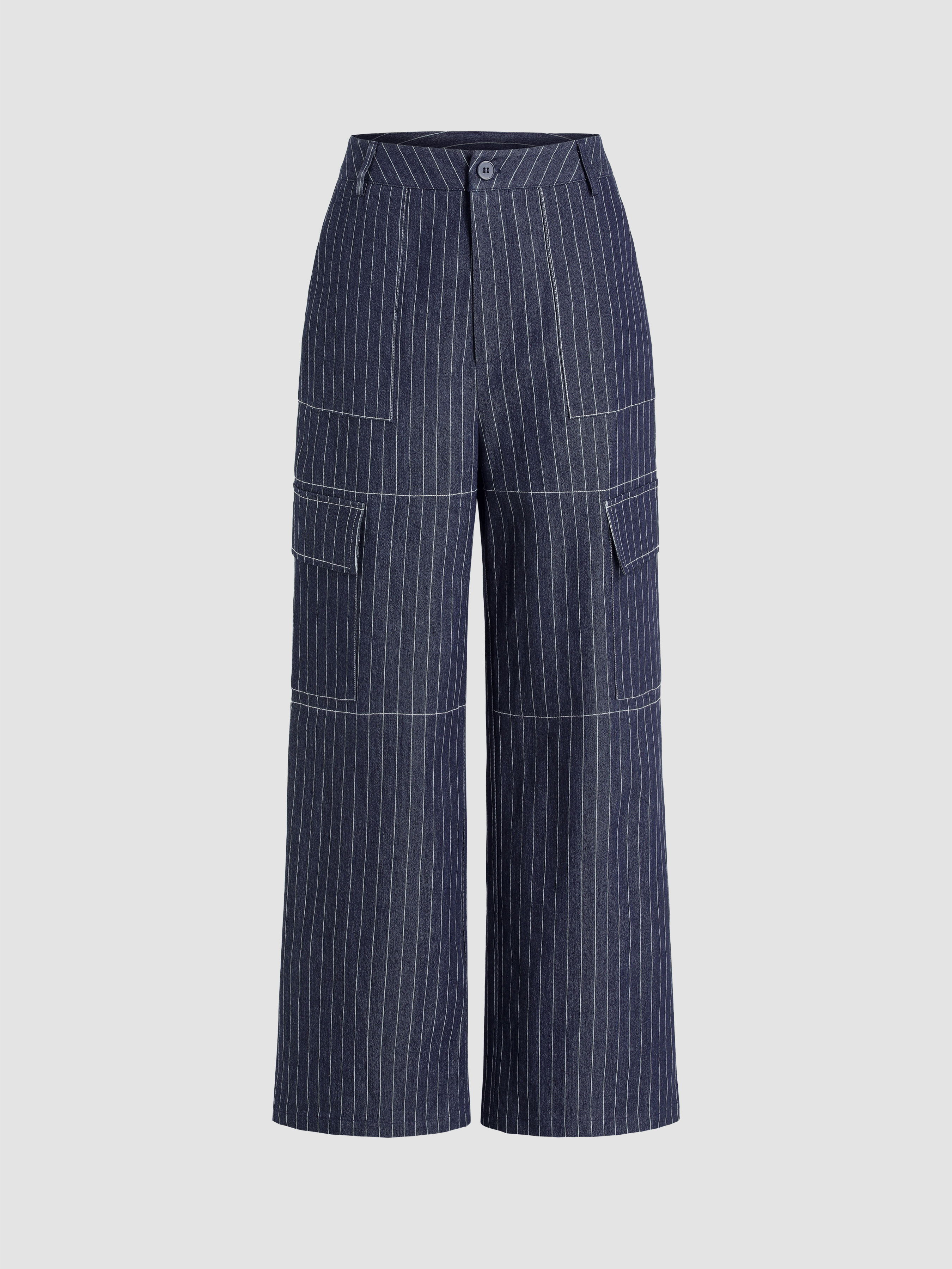 Mid Waist Stripe Wide Leg Cargo Pants For Work