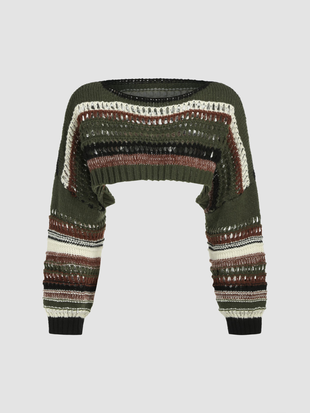 U-neckline Stripe Hollow Out Knitted Long Sleeve Crop Shrug