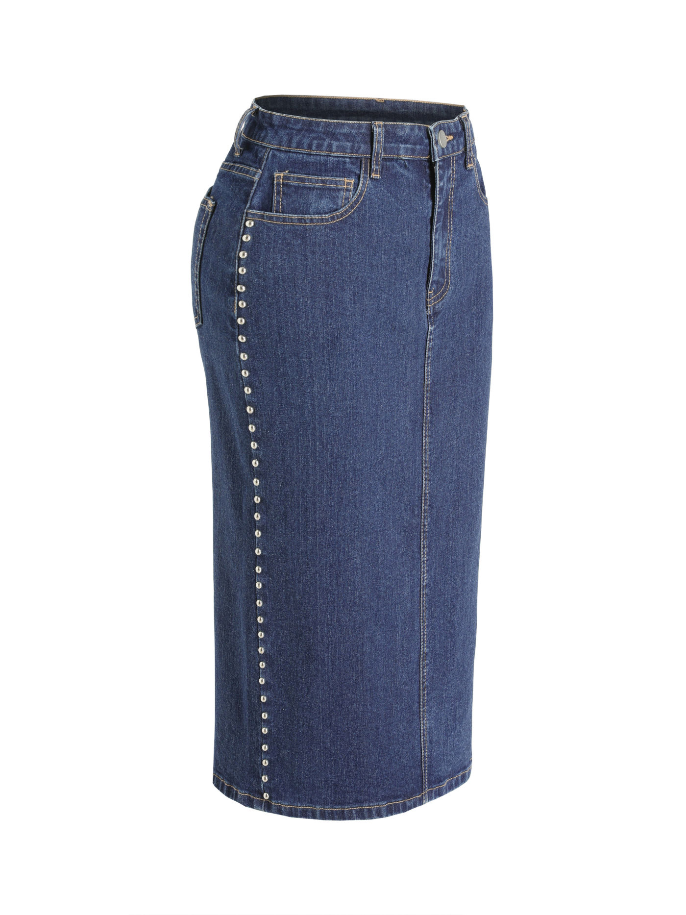 Stretch Denim High Waist Split Midi Skirt