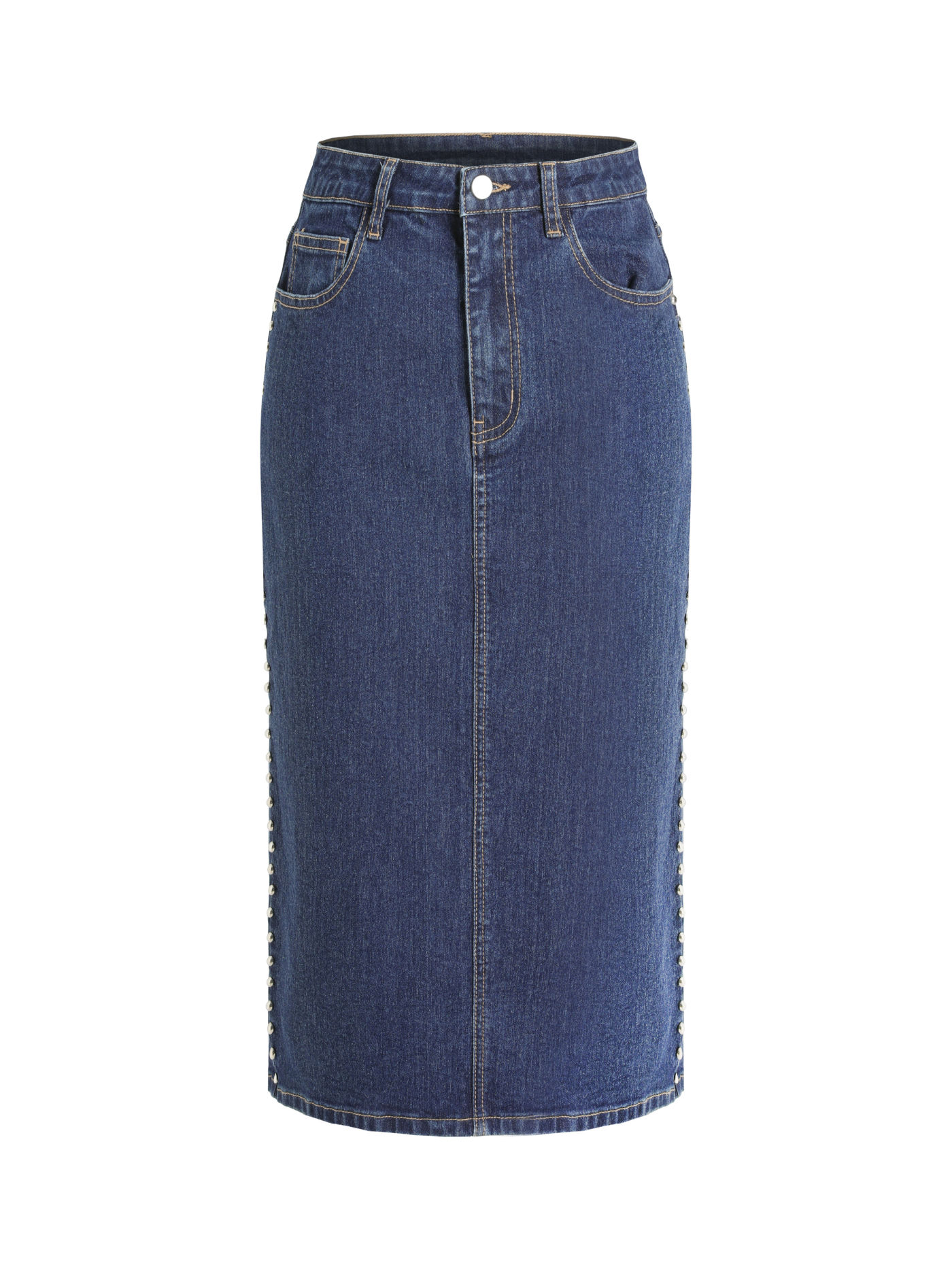 Stretch Denim High Waist Split Midi Skirt