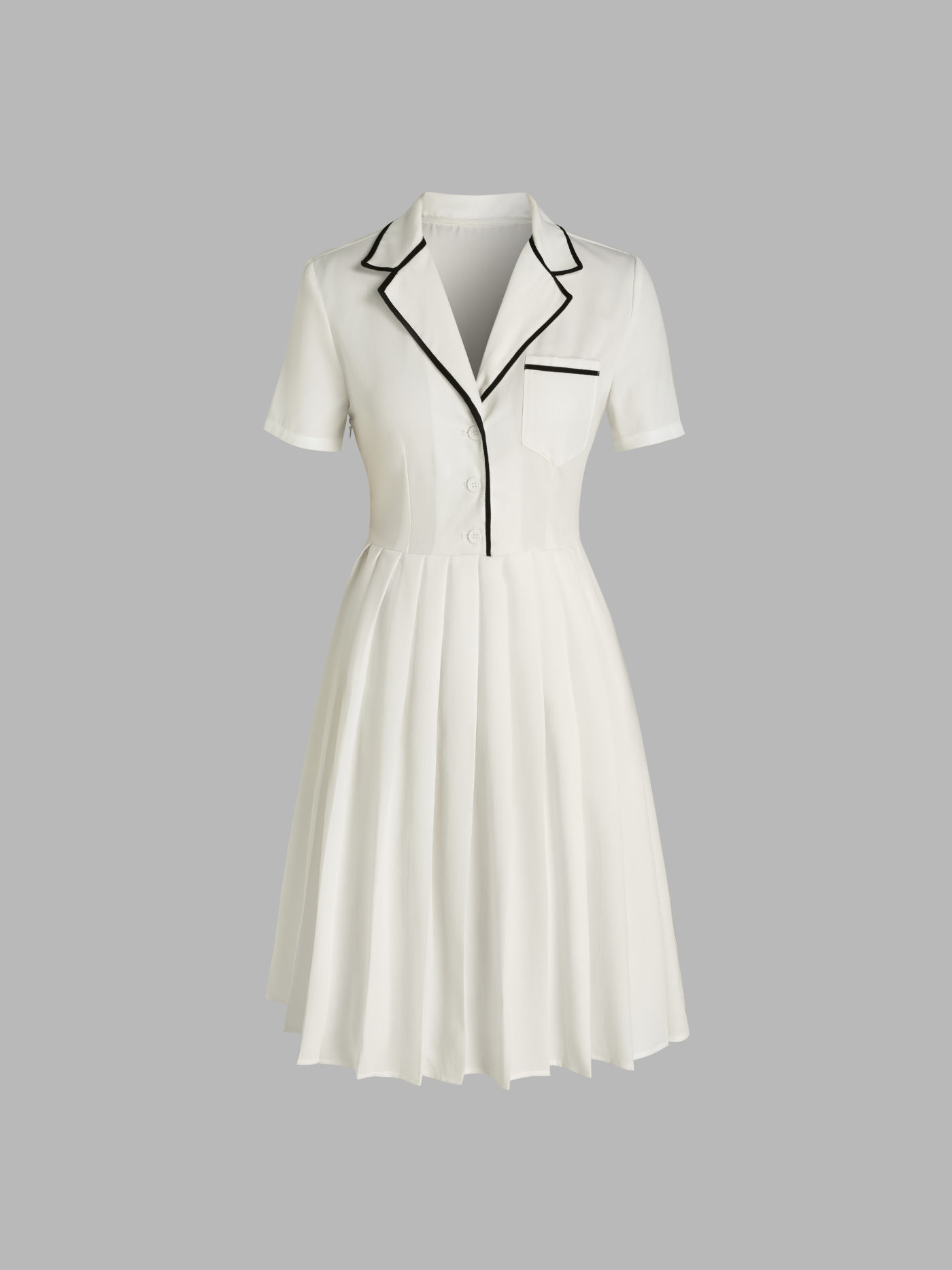 Solid Collar Contrasting Binding Pleated Mini Dress